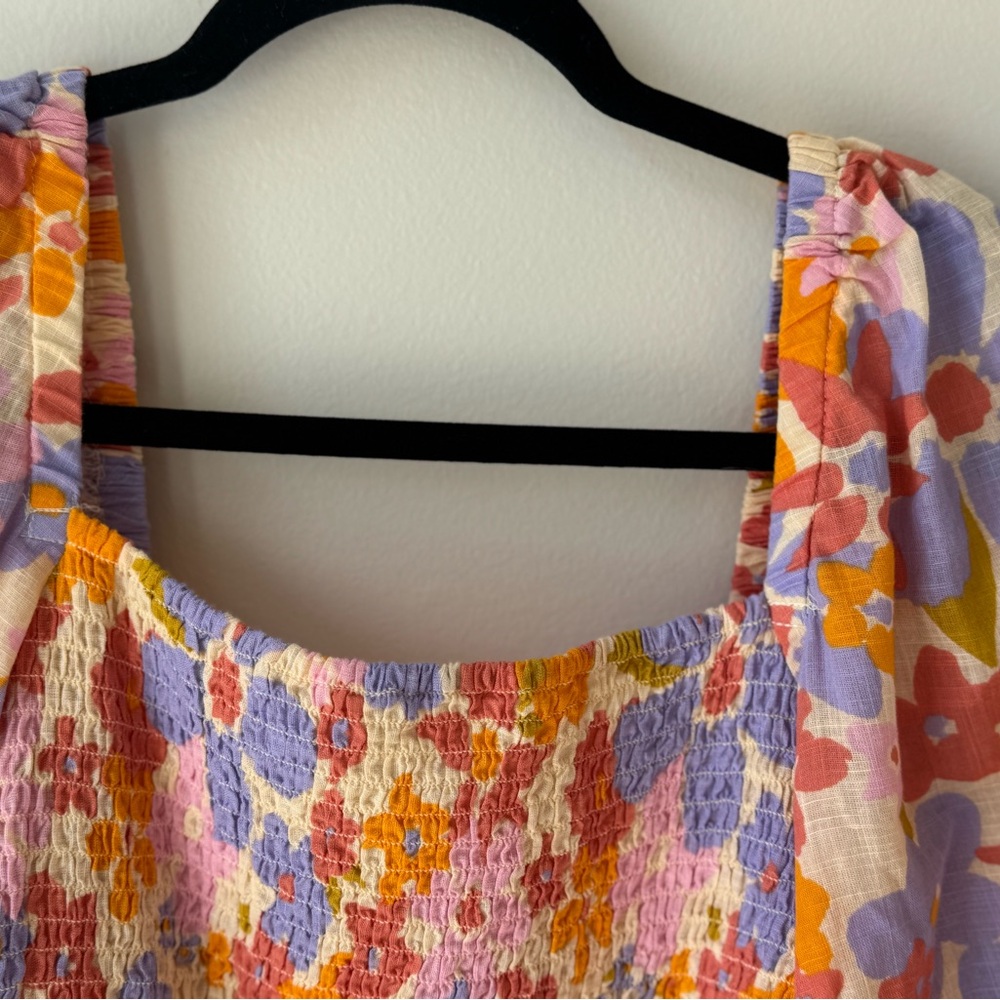Free People Size Large Floral Smocked Top Cotton Balloon Sleeve Orange Blue Pink - Picture 8 of 16
